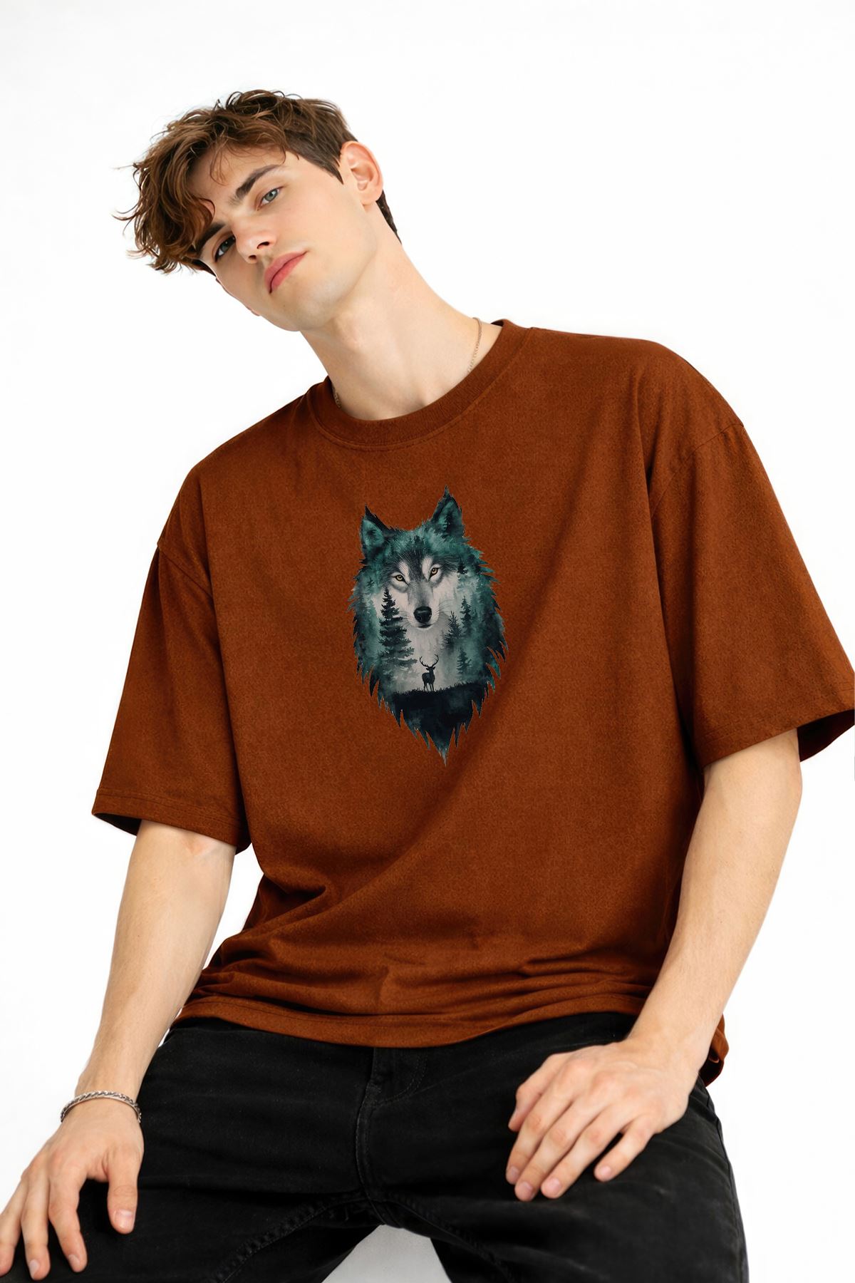 Wolf - Oversize Erkek Tişört KAHVE
