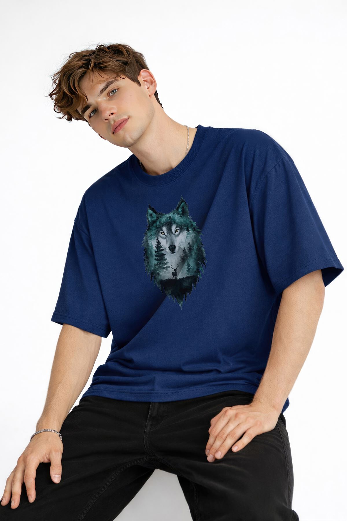 Wolf - Oversize Erkek Tişört Koyu Mavi