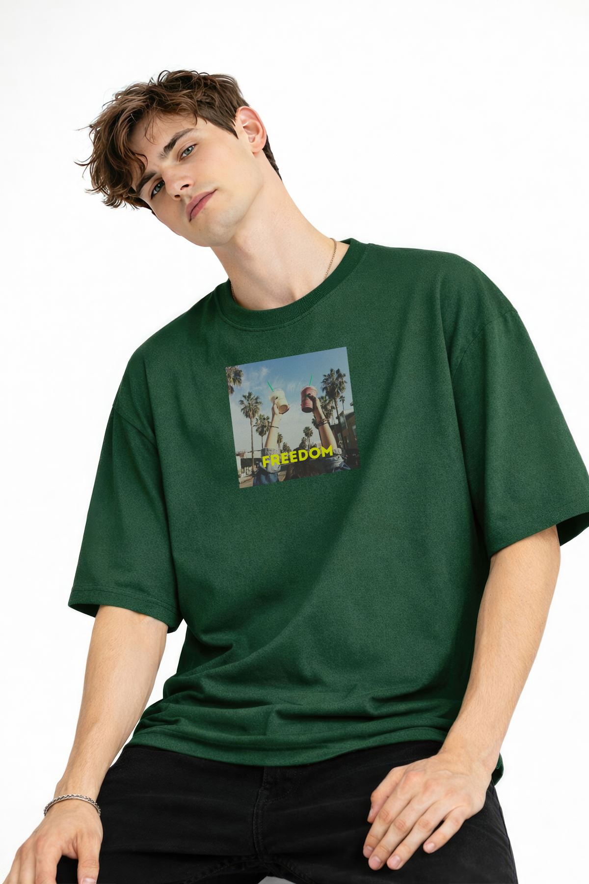 Freedom - Oversize Erkek Tişört HAKI
