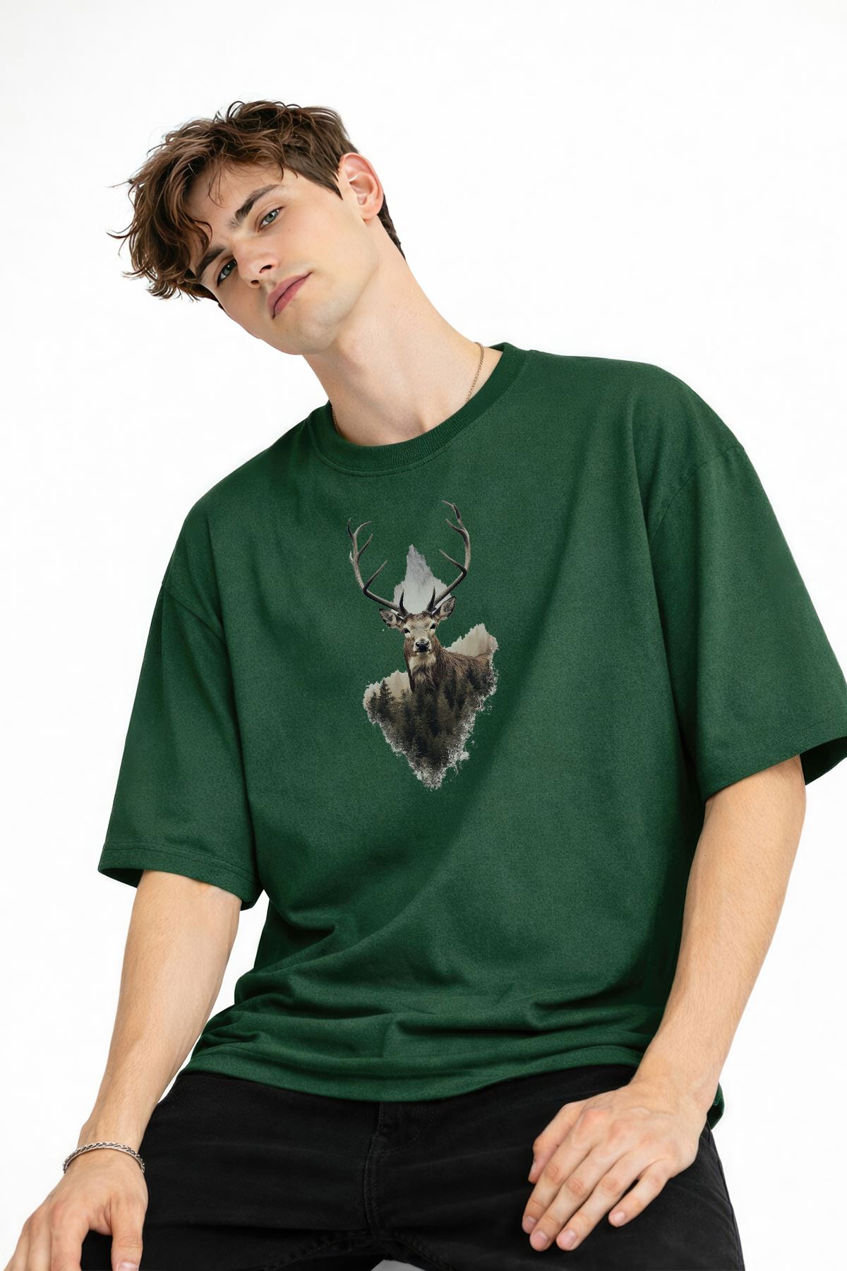 Deer - Oversize Erkek Tişört HAKI