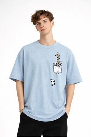 Panda - Baskılı Oversize Tişört AÇIK MAVİ