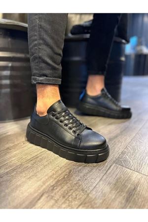 JY144 Volt Bağcıklı Cilt Erkek Günlük Sneaker Yüksek Taban Ayakkabı CST Siyah