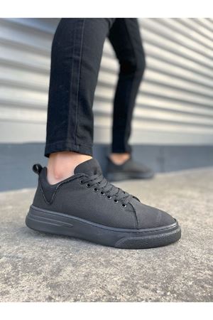 JY204 Flex Bağcıklı Keten Kumaş Erkek Günlük Sneaker Ayakkabı KST - Siyah