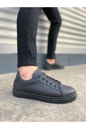 JY122 Mode Bağcıklı Cilt Erkek Günlük Sneaker Ayakkabı CST - Siyah
