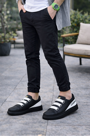 JY029 Mono Bağcıksız 3 Bantlı Lastikli Legend Cilt Erkek Günlük Sneaker Ayakkabı CST - Siyah/Beyaz