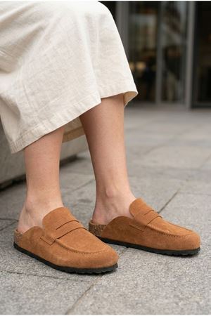 LUVRA Bağcıksız Hakiki Süet Deri Kadın Günlük Mantar Taban Loafer Klasik Ayakkabı HDMT - Taba