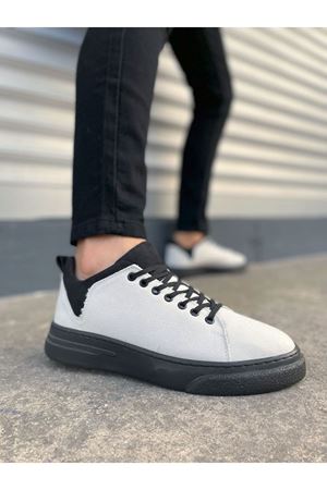JY204 Flex Bağcıklı Keten Kumaş Erkek Günlük Sneaker Ayakkabı KST - Beyaz/Siyah