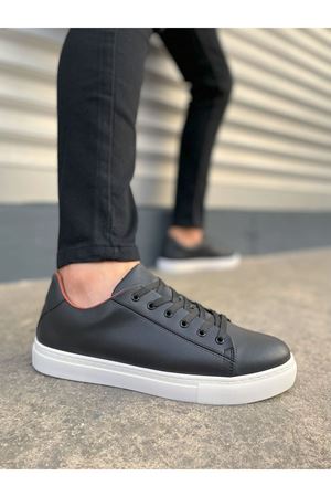 JY122 Mode Bağcıklı Cilt Erkek Günlük Sneaker Ayakkabı CBT - Siyah