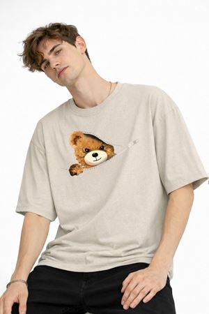CH - Bear Baskılı Oversize Tişört BEJ