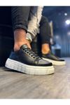 JY144 Volt Bağcıklı Cilt Erkek Günlük Sneaker Yüksek Taban Ayakkabı CBT Siyah