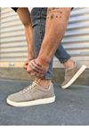 JY0118 REX Bağcıklı Keten Kumaş Erkek Günlük Sneaker Ayakkabı KKT - Bej