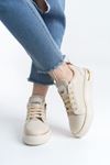 DINA Bağcıklı Fermuarlı Ortopedik Taban Kadın Sneaker Spor Ayakkabı CKT - Krem/Altın